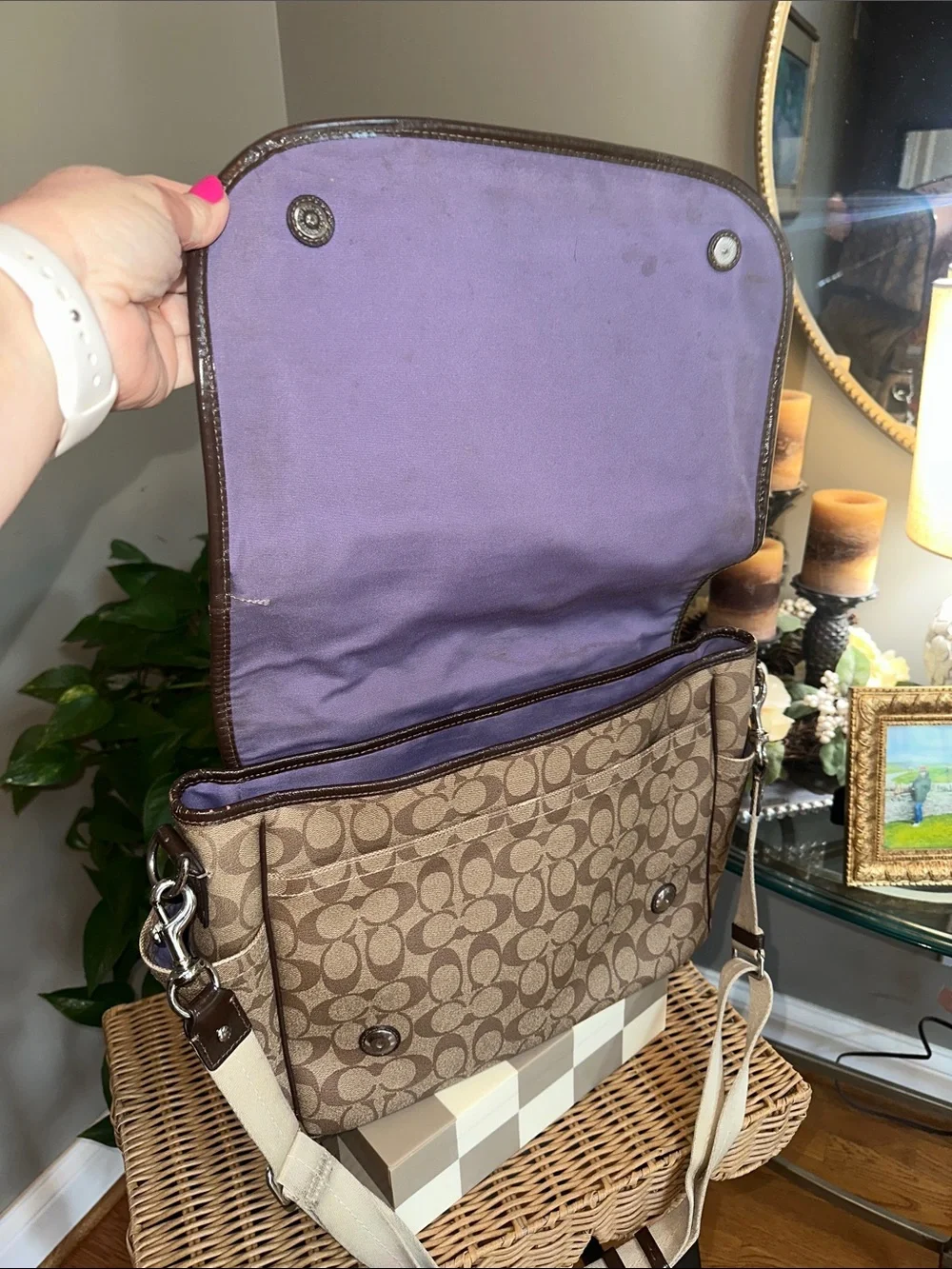 Coach Beige & Brown Signature Messenger Crossbody Baby Bag